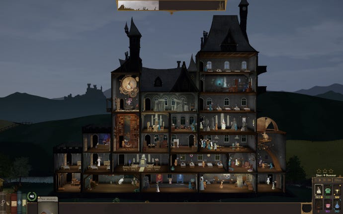 An exterior shot of a fantasy university building in which you can see all the rooms inside in Spellcaster University