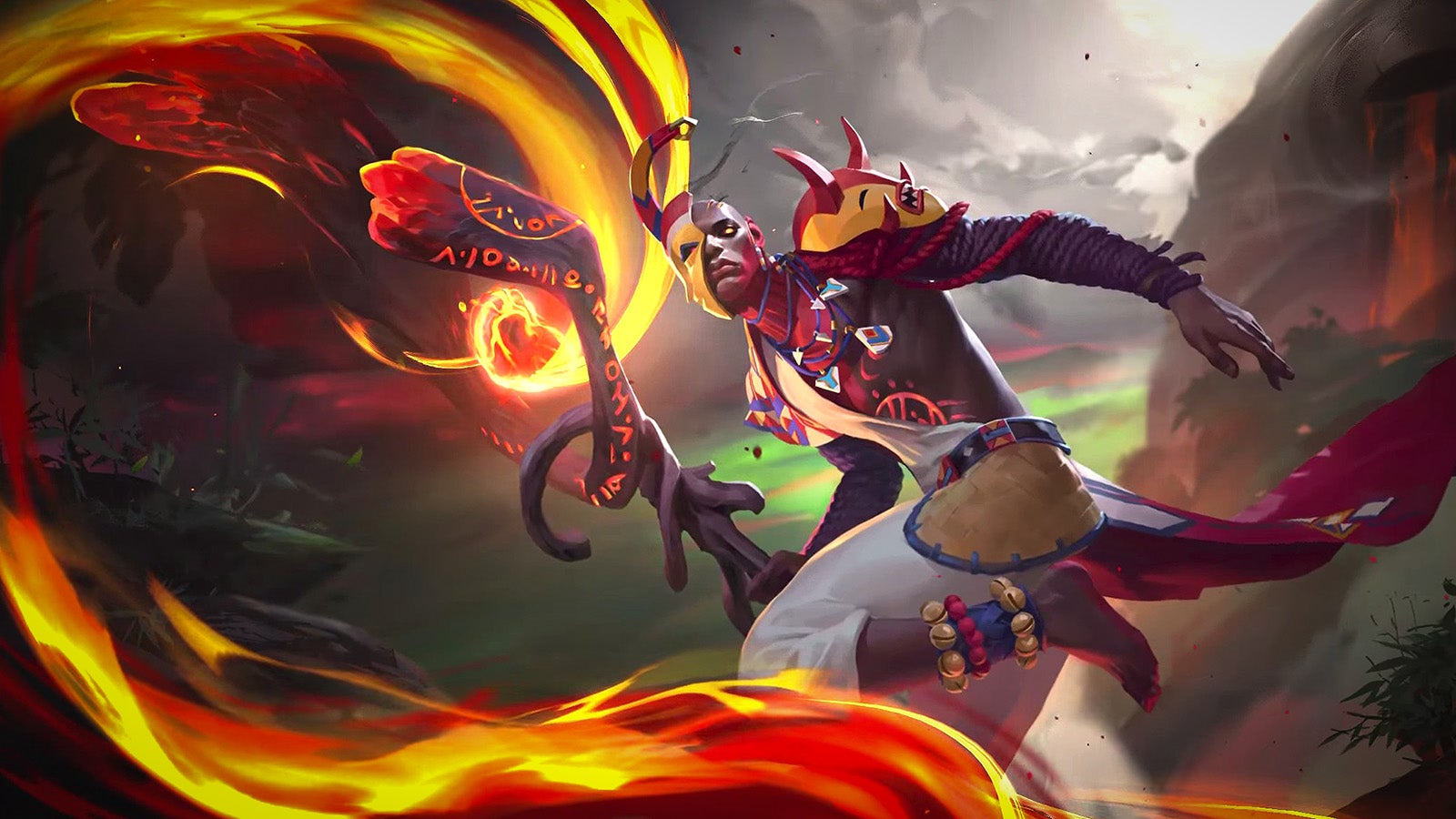 A Black character with face painted and an assortment of tribal looking armour, and wreathed in flame emanating from their magic staff, looks towards the camera. It's one of the hero characters from Spellcasters Chronicles.