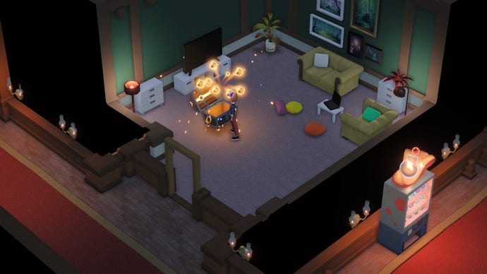 A student receives glowing orbs of loot from an opened chest in a common room dungeon in Spells & Secrets.