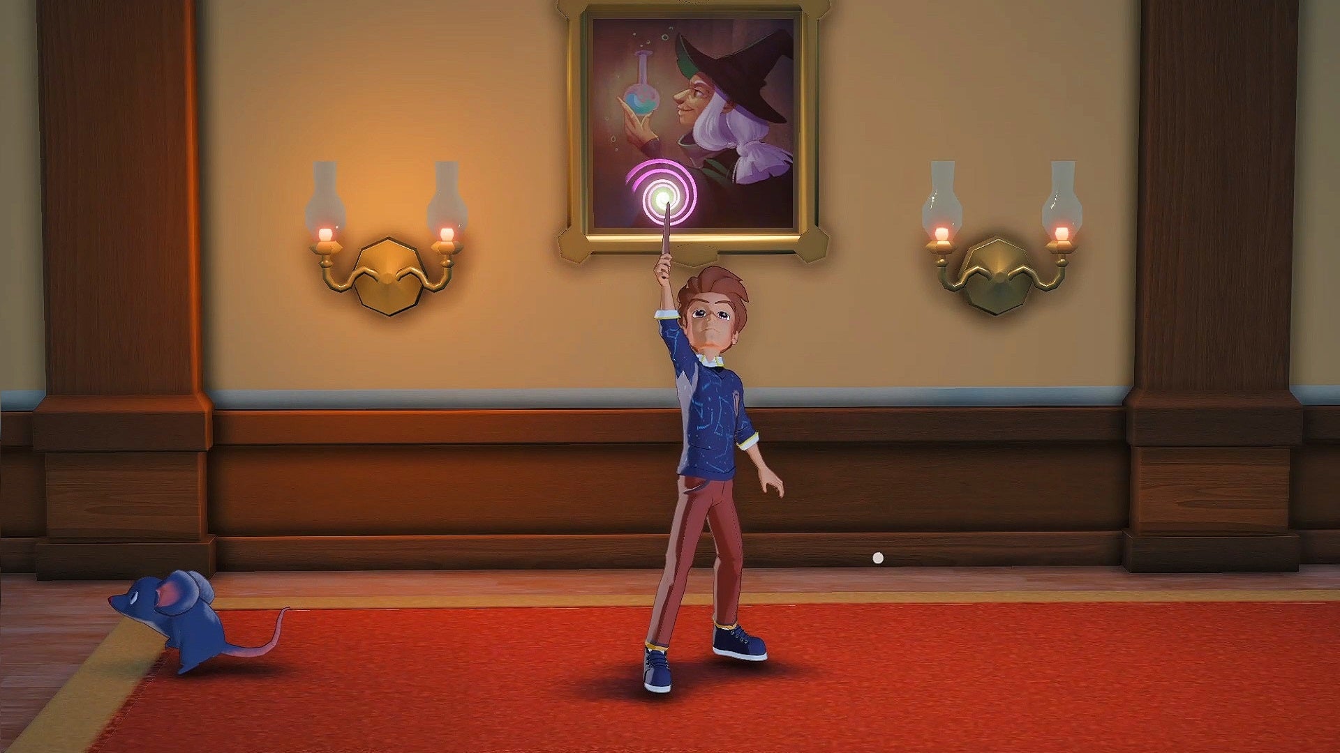 The protagonist of Spells &amp; Secrets poses with their magic wand in a well-appointed corridor, flanked on either side by candle sconces and against a portrait of a witch. There is a mouse nearby.