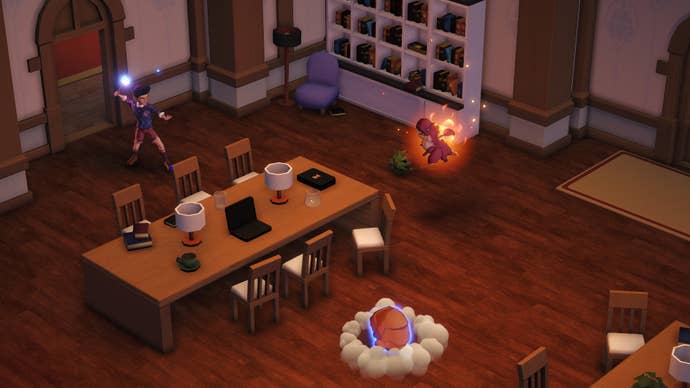 A Spells & Secrets character battles small red dragons in what otherwise appears to be a fairly ordinary (if well-equipped) high school library.