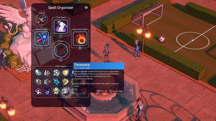 A hotbar shows a character’s active spells in Spells & Secrets, against the background of an outdoor area of the school including a football pitch.