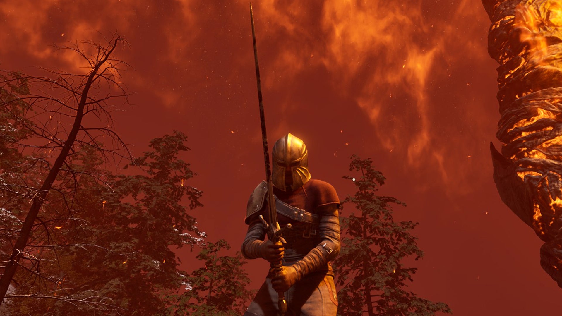 A Spellsword stands near an Oblivion gate in The Elder Scrolls IV: Oblivion Remastered, with sword drawn as the red sky ominously looms above her. - 4