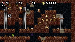 A screenshot of Spelunky Classic, showing the first Mines world, with Spelunky guy jumping in the direction of a "damsel".