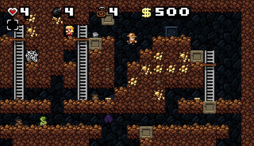 A screenshot of Spelunky Classic, showing the first Mines world, with Spelunky guy jumping in the direction of a “damsel”.