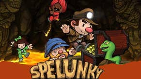 The splash screen for Spelunky, showing several heroes jumping over lava and avoiding a snake