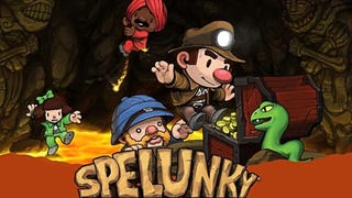 The splash screen for Spelunky, showing several heroes jumping over lava and avoiding a snake