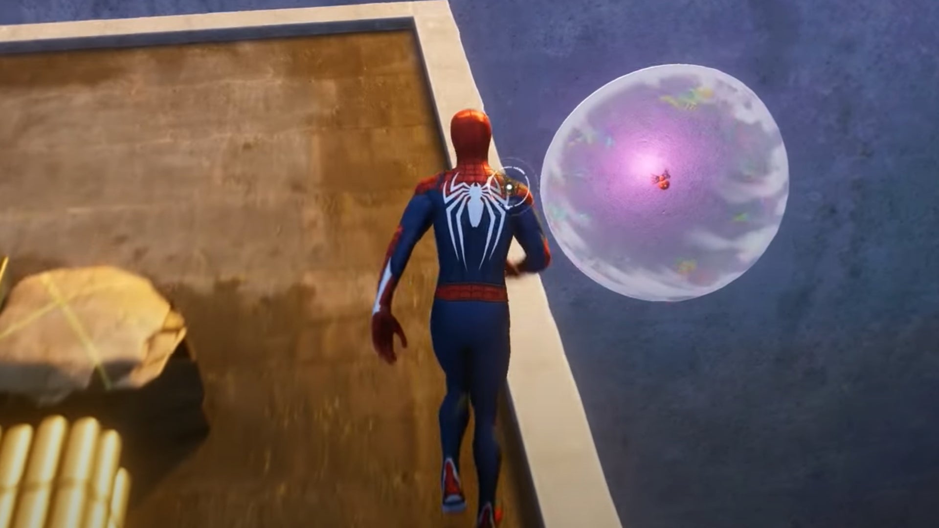 Spider-Man approaches a Spider-Bot, which lets out a prismatic pulse in Spider-Man 2. - 3