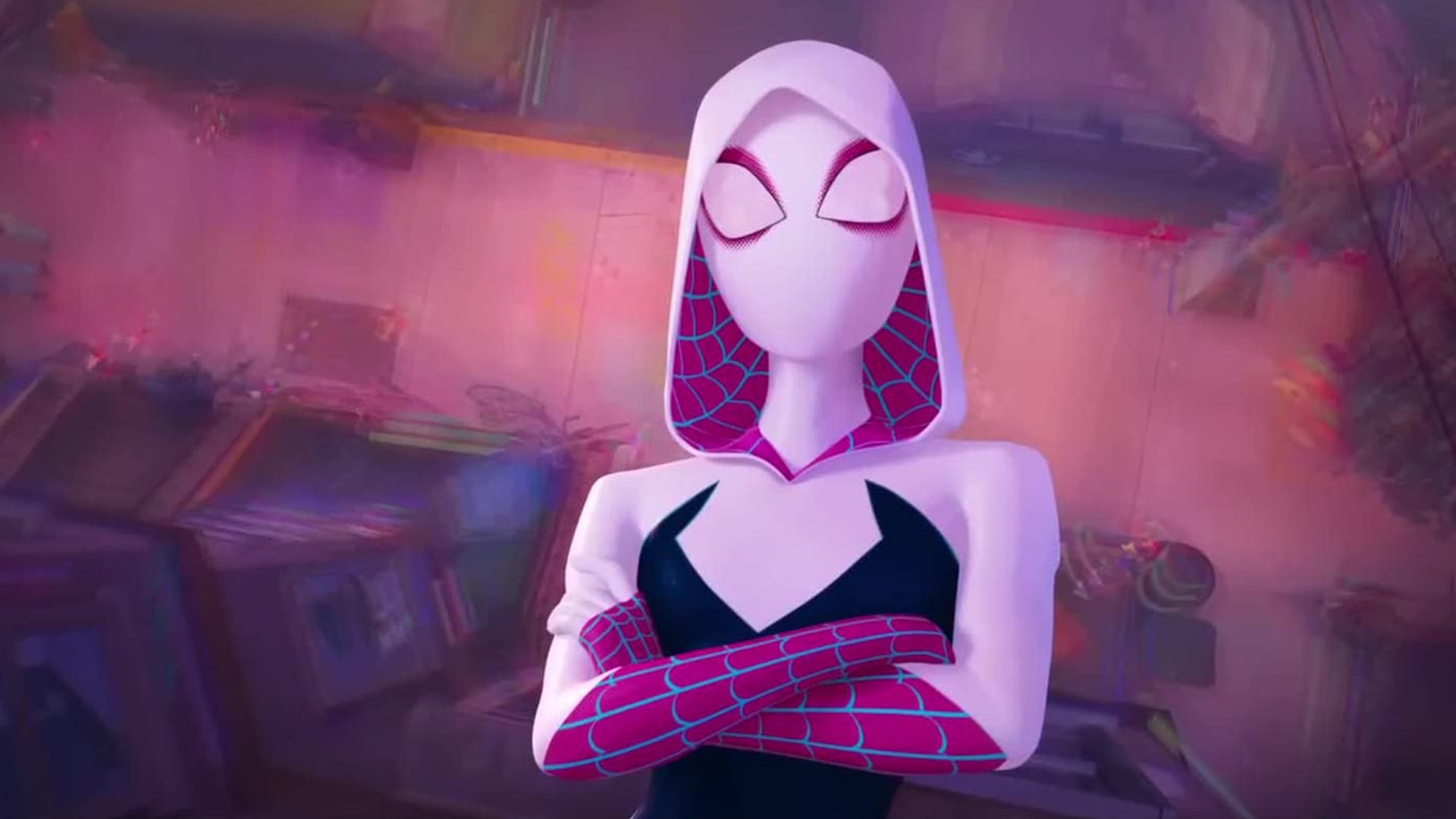 Spider-Gwen stood on the side of a building with her arms crossed in Spider-Man: Across the Spider-Verse.