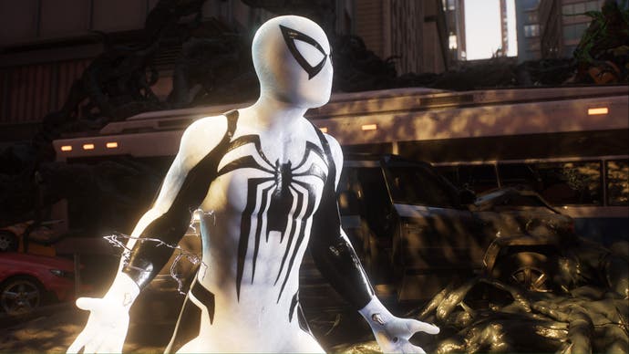 spider-man 2 antivenom peter is in his black and white suit.