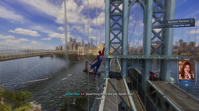 Spider-Man web swings his way across a bridge spanning the East River. A video call window with Mary Jane is open on one side of the screen.