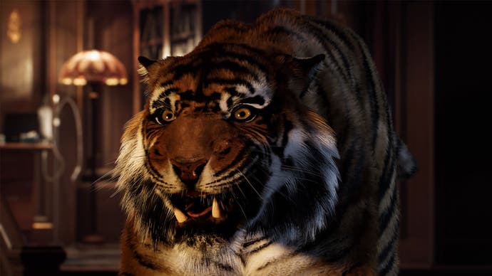 spider-man 2 dima is a tiger and is snarling at Peter.