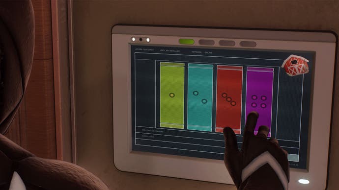 spider-man 2 dr connors lab door puzzle panels, peter is pressing the panel furthest to the right.