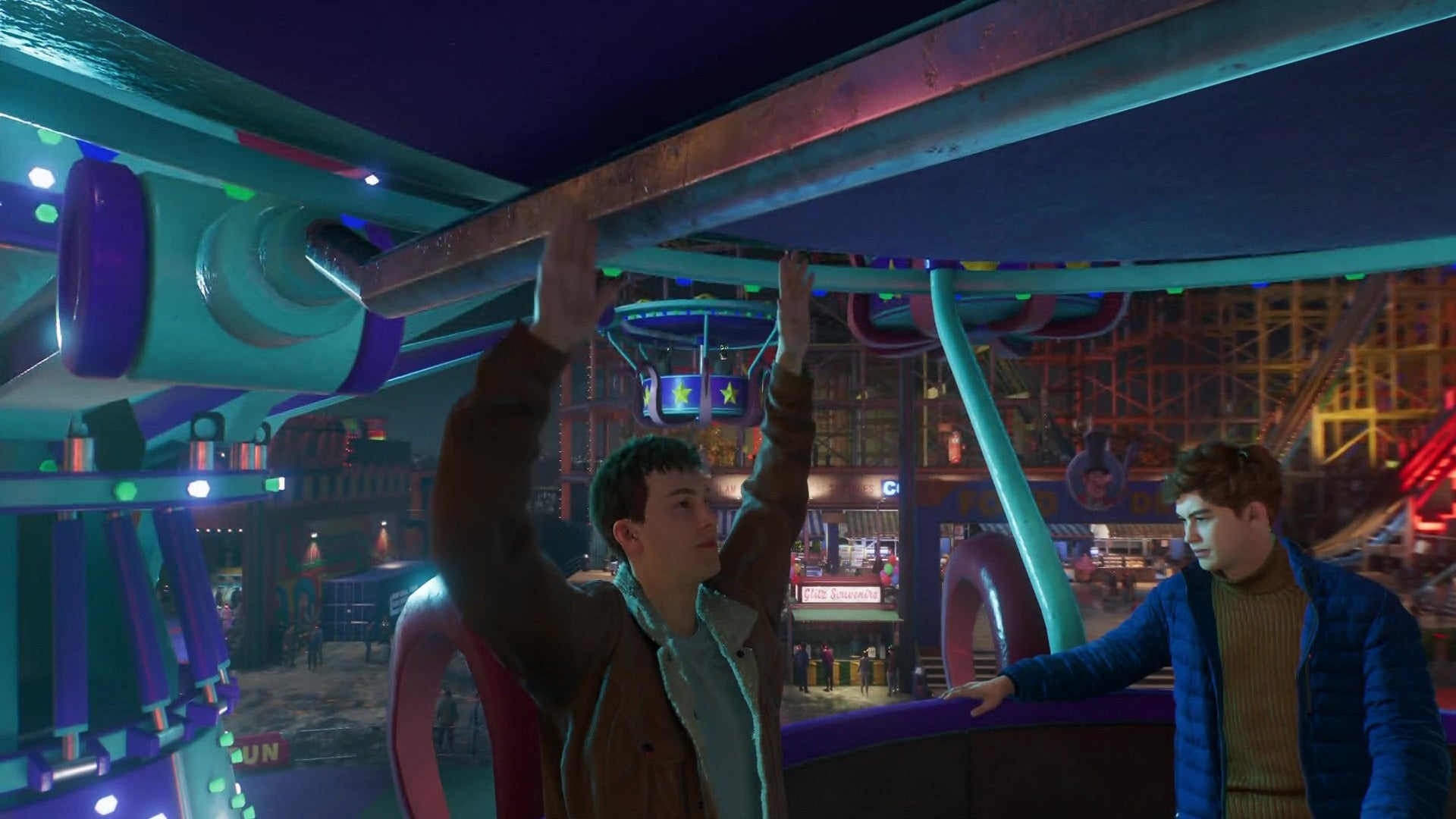 Peter Parker raises his arms in a cheer while riding a Ferris wheel next to Harry Osbourne. Peter's face is oddly devoid of emotion given the situation. - 1