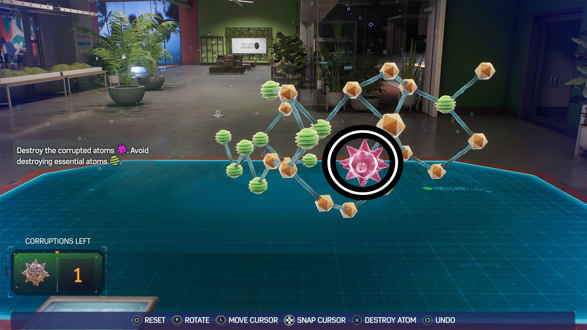 spider-man 2 final part lizard antidote puzzle, the last corrupt atom in the molecule has been circled.