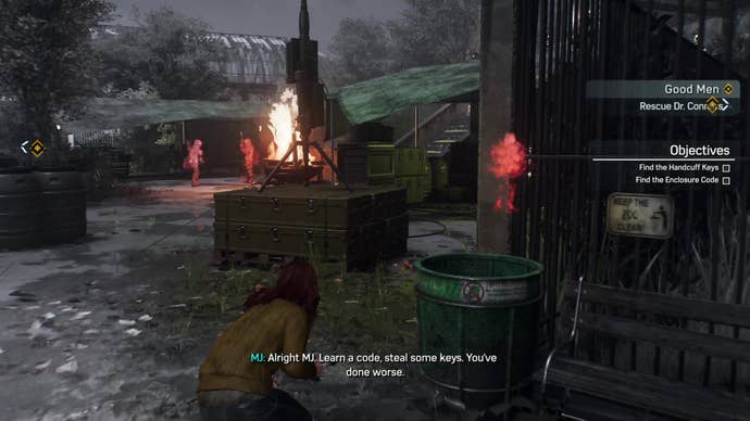 Mary Jane stealthily approaches a group of Hunters in a shanty settlement in an abandoned zoo, using crates for cover.