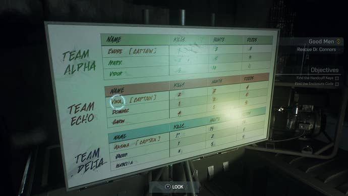 A white board shows a series of Hunter team allocations, including team names, members, and kill counts.