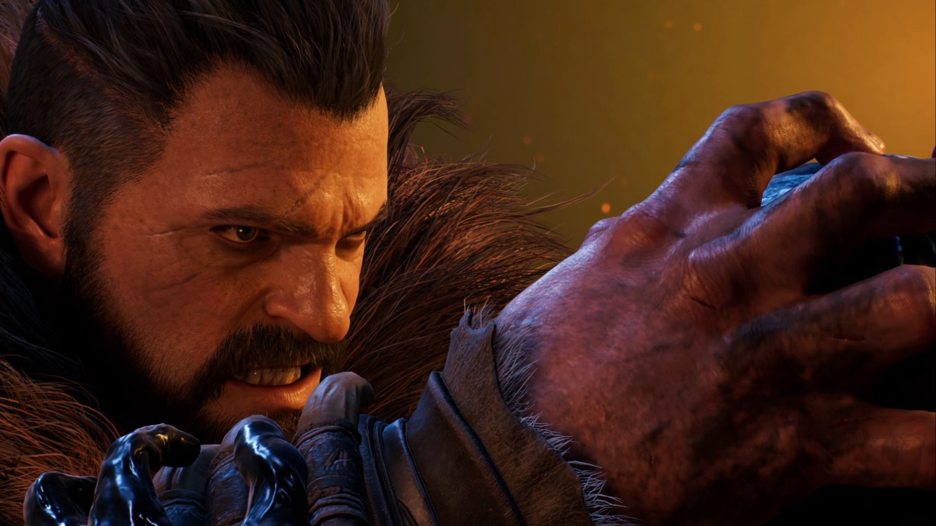 spider-man 2 a close up shot of kraven crushing peter&rsquo;s skull with his hands.