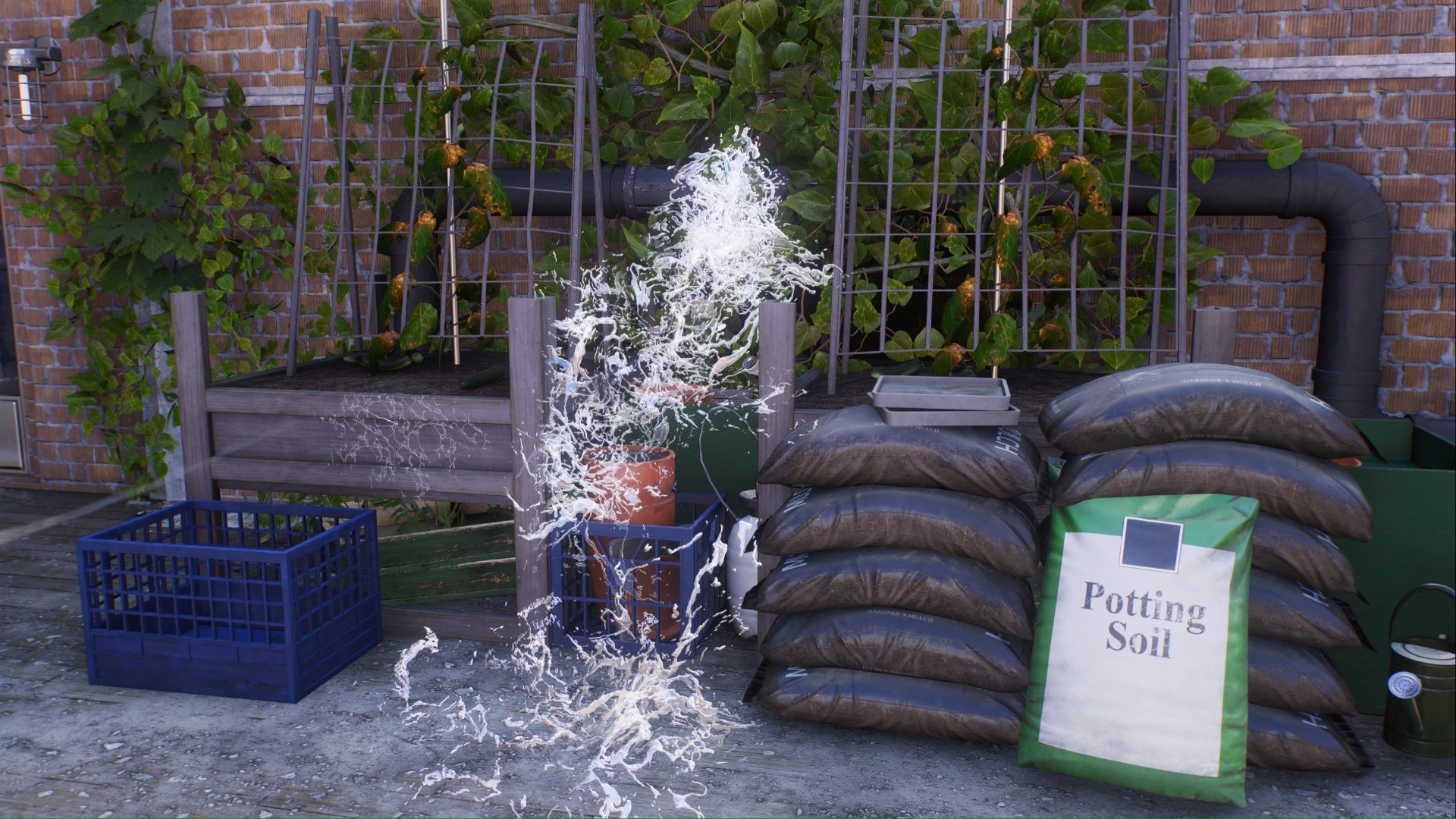 spider-man 2 little tokyo plant science pipe leak above plant box and soil bags.