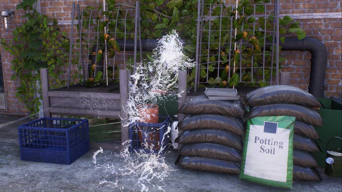 spider-man 2 little tokyo plant science pipe leak above plant box and soil bags.