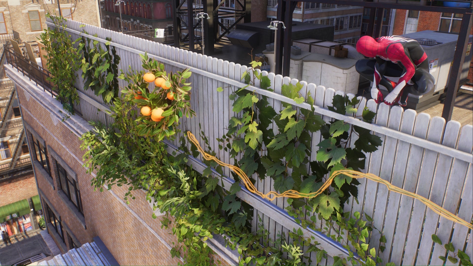 spider-man 2 little tokyo plant science specimen location on fence with Spider-Man crouching above it.