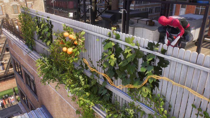 spider-man 2 little tokyo plant science specimen location on fence with Spider-Man crouching above it.