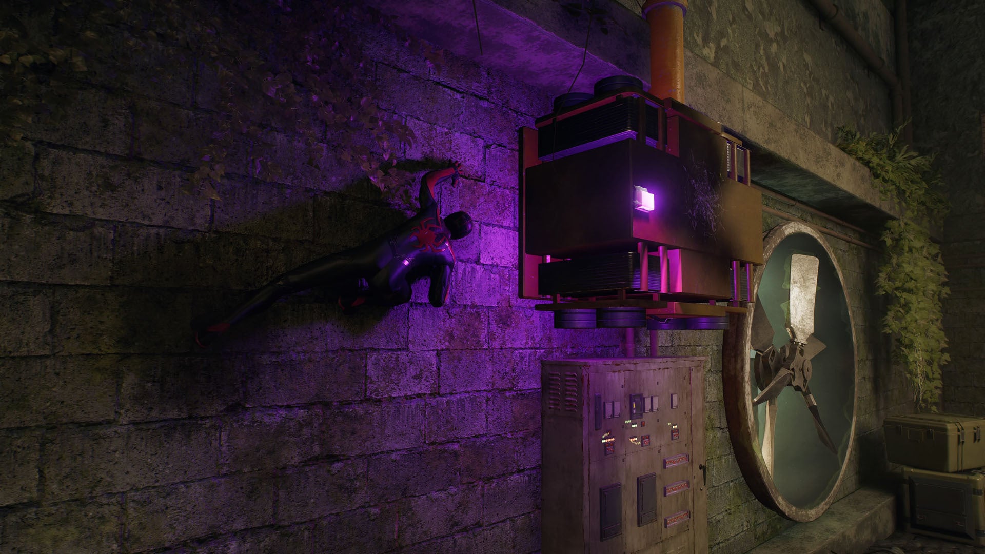 spider-man 2 miles crawling on wall towards second generator second kraven trap