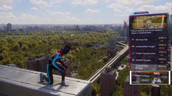spider-man 2 miles is crouching on top of a building near central park, the fnsm app is open on the right of the screen and the switch to peter option on phone is highlighted