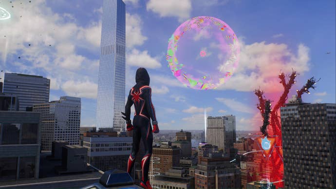 spider-man 2 miles looking at spider-bot focused pulse in sky