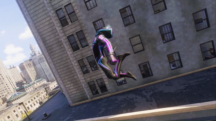 spider-man 2 miles morales in spider-man 2099 suit doing backflip in the air