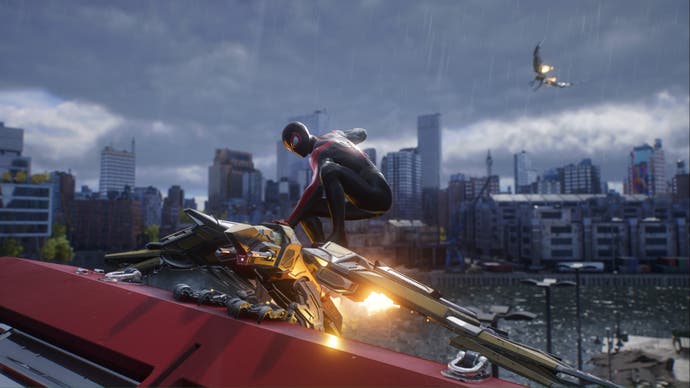 spider-man 2 miles morales standing on a winged drone