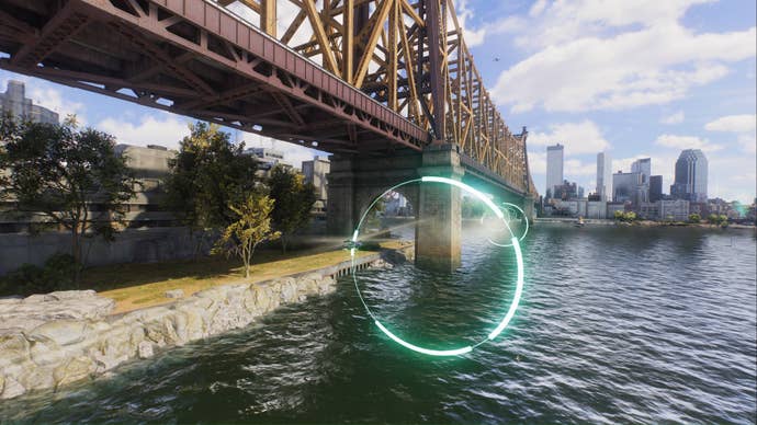 spider-man 2 miles riding wind tunnel above the water beside Queensboro Bridge.