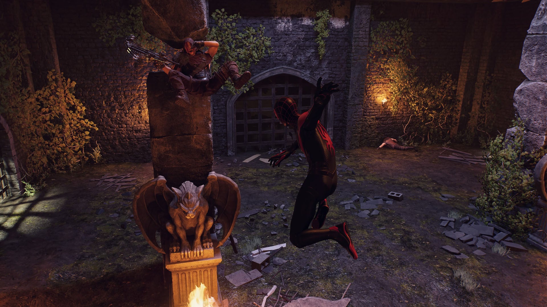 spider-man 2 miles throwing hunter into broken pillar