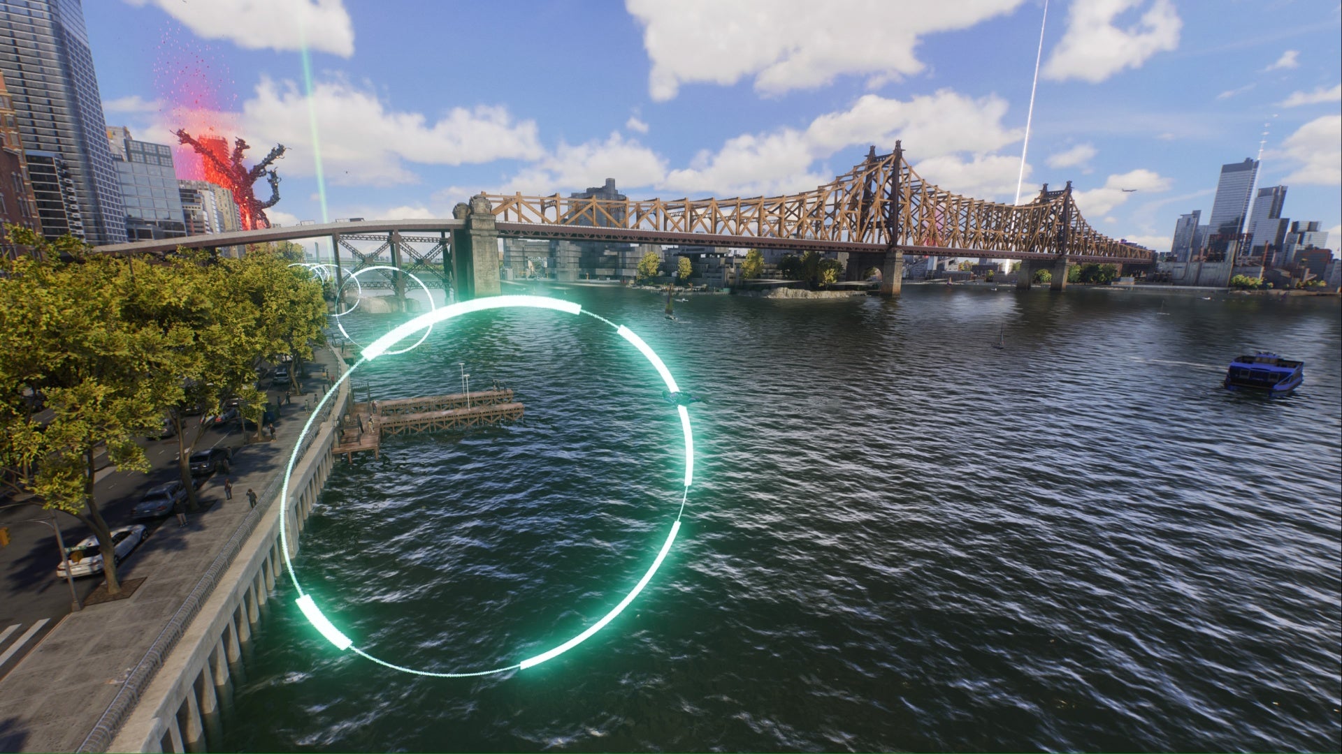 spider-man 2 miles using wind tunnel above the water and beside midtown towards queensboro bridge