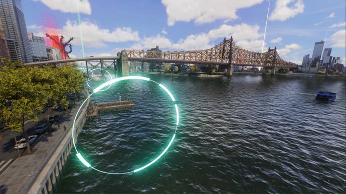 spider-man 2 miles using wind tunnel above the water and beside midtown towards queensboro bridge