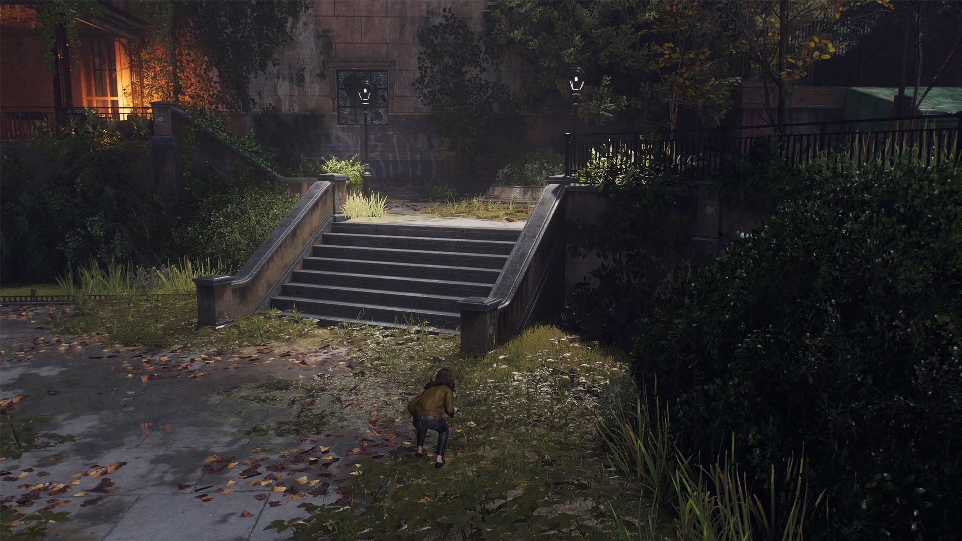 spider-man 2 mj  is at the bottom of stairs with lamps at the top of it.