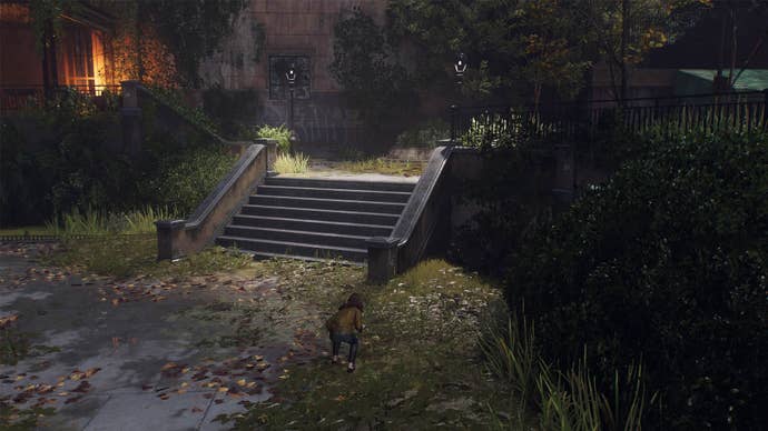 spider-man 2 mj is at the bottom of stairs with lamps at the top of it.