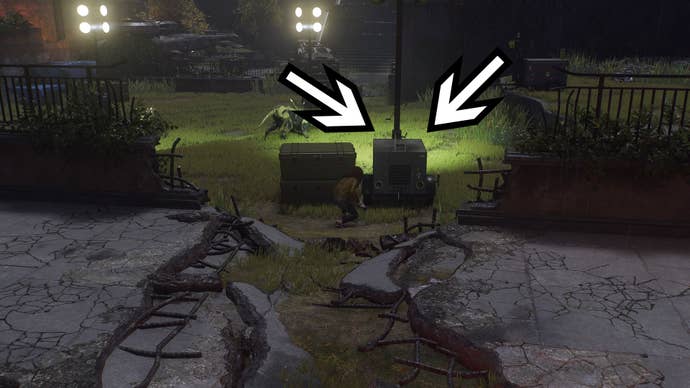 spider-man 2 mj crouching behind a generator, two arrows are pointing to the generator and a Hunter bot is in the background.