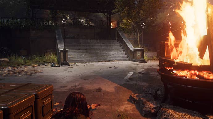 spider-man 2 mj near fire looking at steps in distance