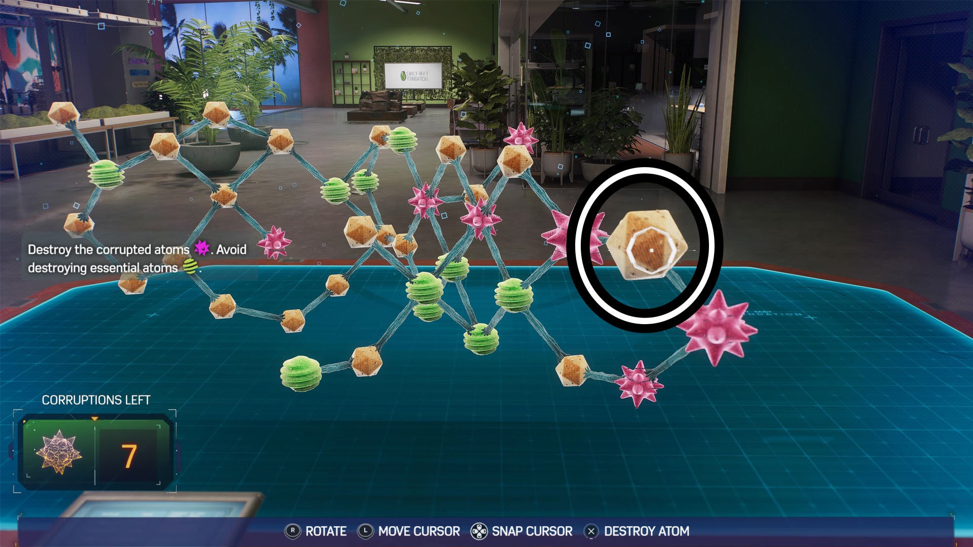spider-man 2 part one lizard antidote puzzle, a neutral atom is circled between two corrupted atoms in a molecule.