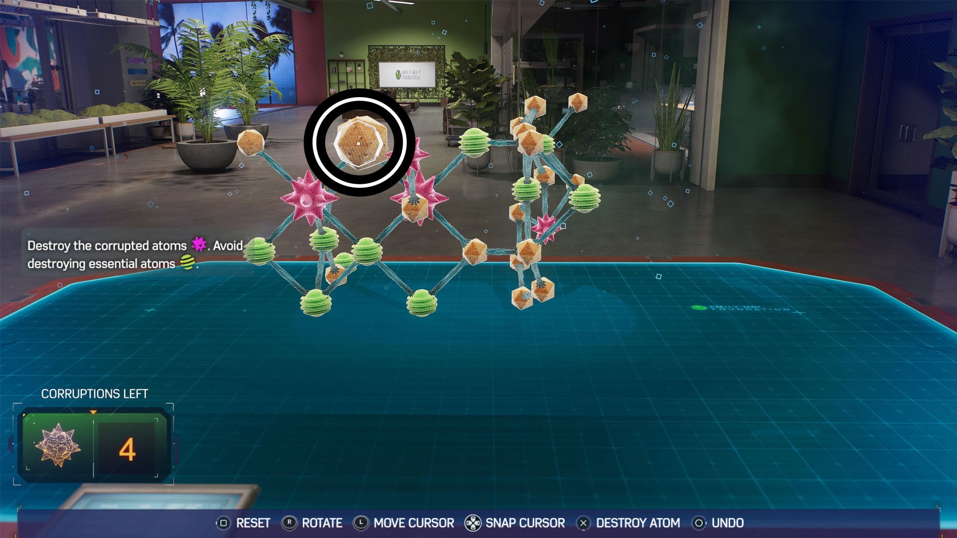 spider-man 2 part three lizard antidote puzzle, a neutral atom at the top of a molecule chain is circled.