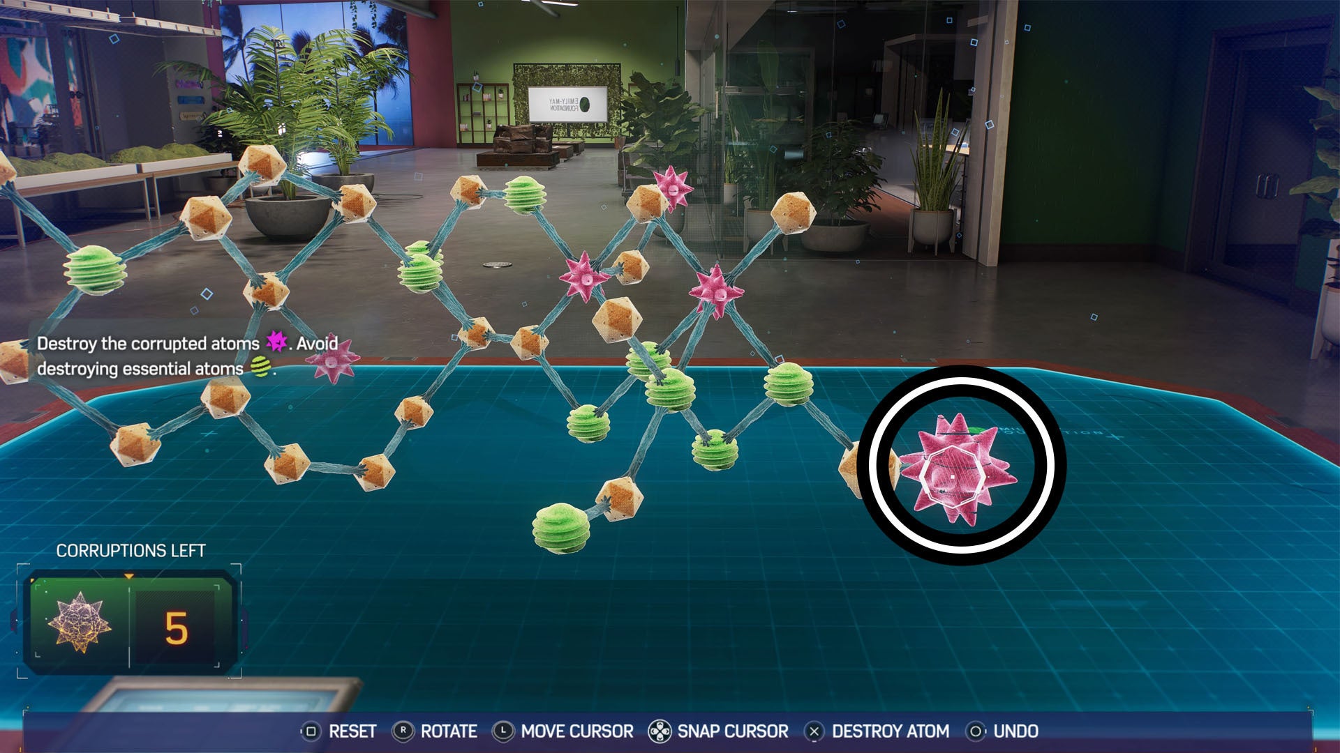 spider-man 2 part two lizard antidote puzzle, a corrupt atom on the end of a chain is circled.