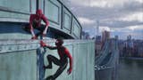 spider-man 2, Peter is crouching on top of Manhattan Bridge and Miles is clinging to the side next to him.