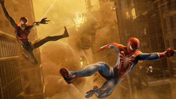 Spider-man 2 peter and miles swinging from Sandman