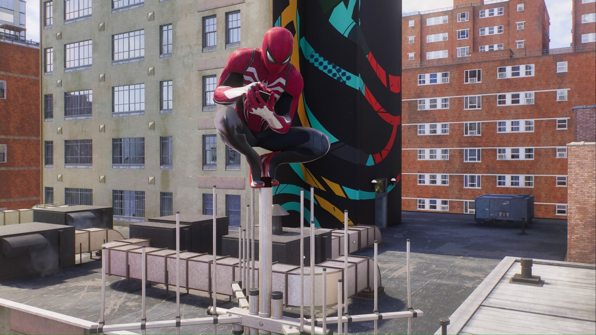 spider-man 2 peter as spider-man crouching on antenna on rooftop