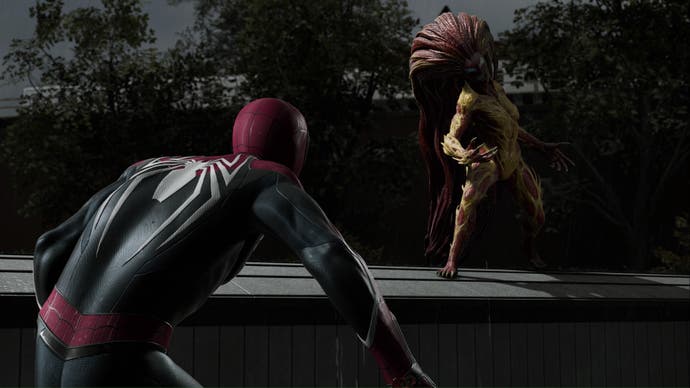 spider-man 2 peter parker spider-man facing a suffering scream opposite them