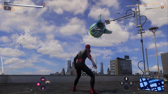 spider-man 2 peter parker spider-man facing lowered wind turbine on roof in brooklyn
