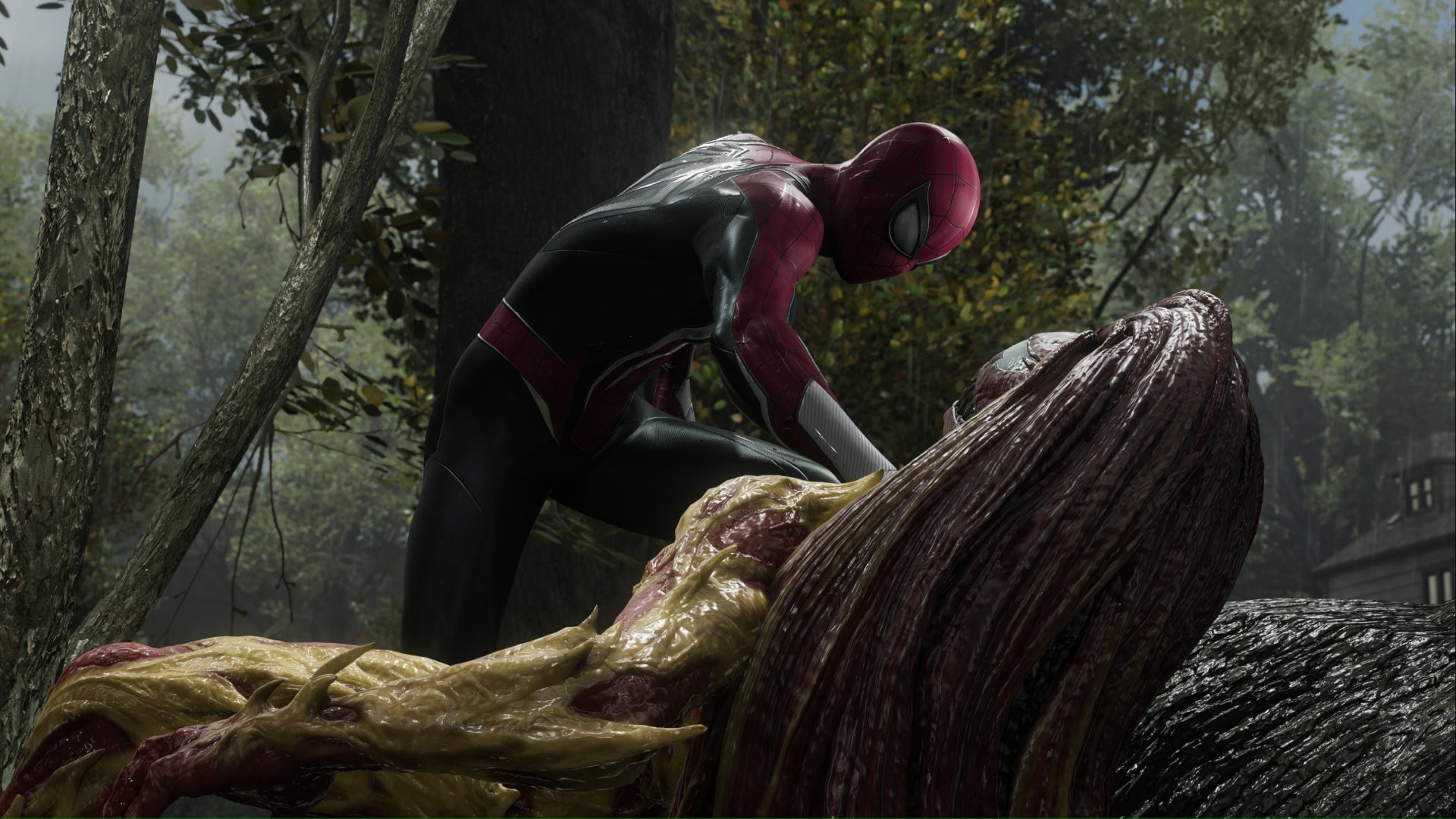 spider-man 2 peter parker spider-man pinning scream to fallen tree by their throat