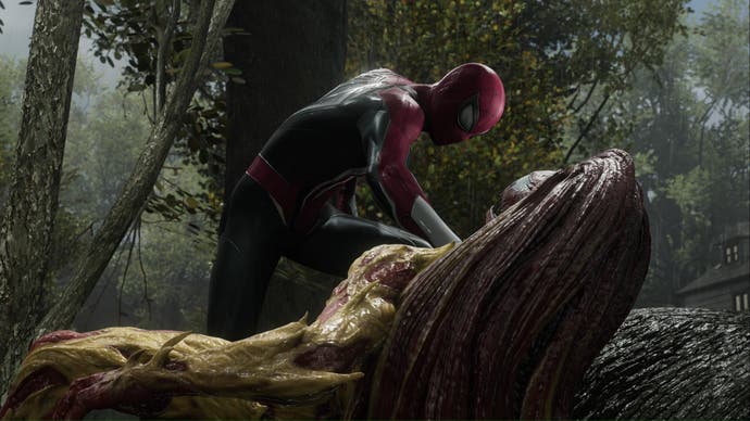 spider-man 2 peter parker spider-man pinning scream to fallen tree by their throat