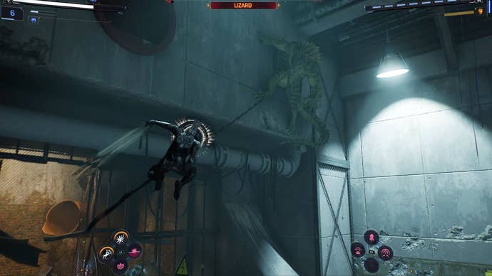 spider-man 2 peter pulling himself to lizard on wall